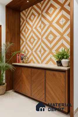 Elegant Entrance Niche with Designer Tiles, Walnut Finish Cabinet & Styled Decor in Prestige Misty Waters, Hebbal | Material Depot