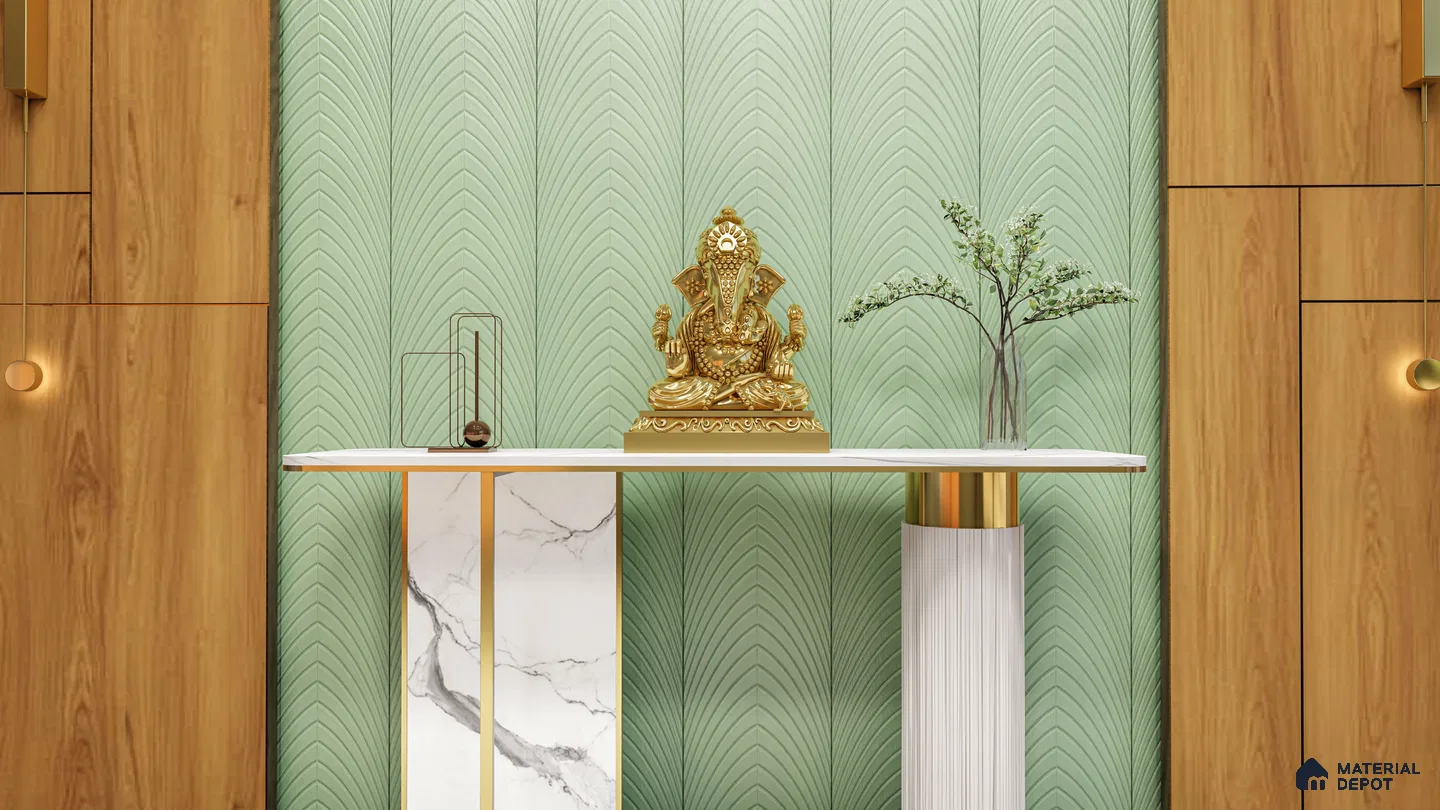 Elegant Foyer with Leaf-Patterned Pastel Panels and Ganesh Idol Display | Material Depot