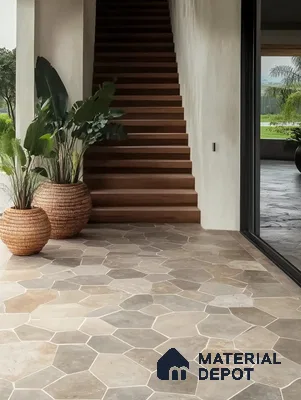 Elegant Foyer with Neutral Hexagonal Stone Tiles and Wooden Staircase | Material Depot