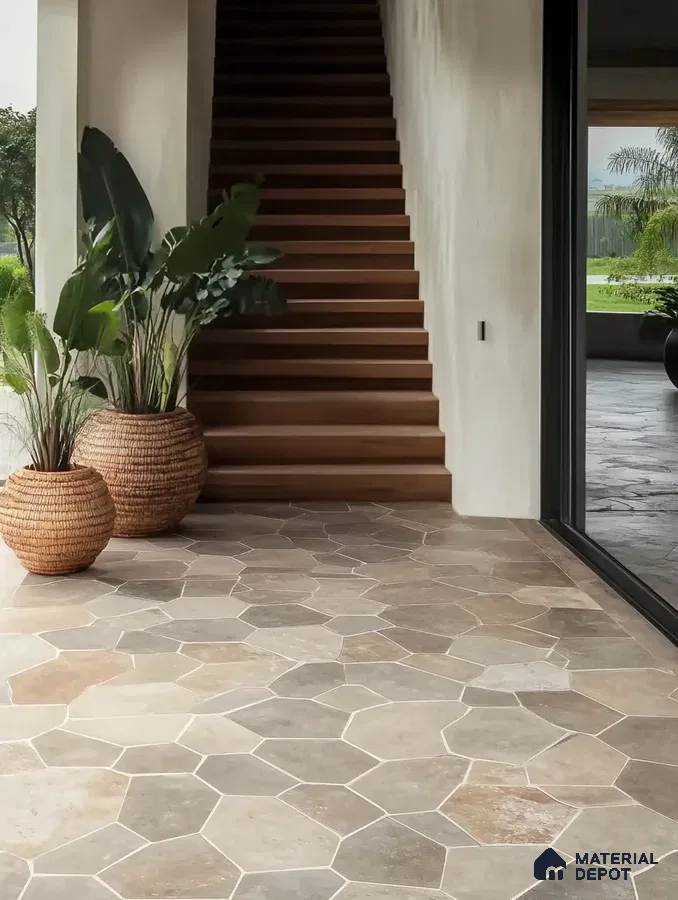 Elegant Foyer with Neutral Hexagonal Stone Tiles and Wooden Staircase | Material Depot
