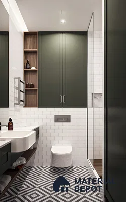 Elegant Geometric Harmony: Green and Gray Tiled Bathroom with Walnut Accents | Material Depot