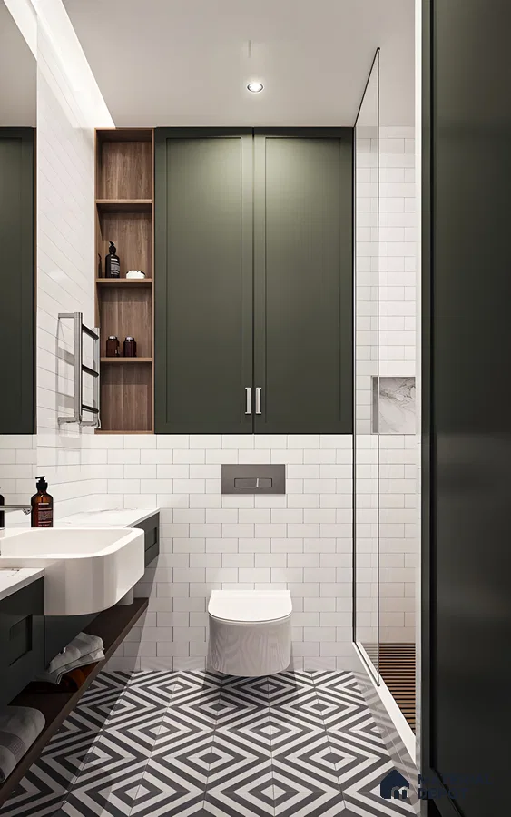 Elegant Geometric Harmony: Green and Gray Tiled Bathroom with Walnut Accents | Material Depot