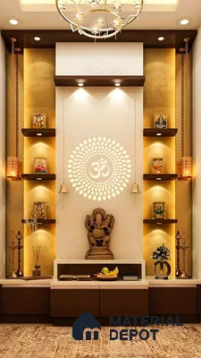 Elegant Golden Glow Pooja Room | Material Depot
