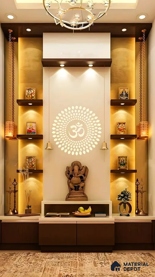 Elegant Golden Glow Pooja Room | Material Depot