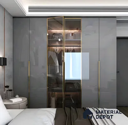 Elegant Gray Wardrobe with Glass Doors and Gold Accents | Material Depot