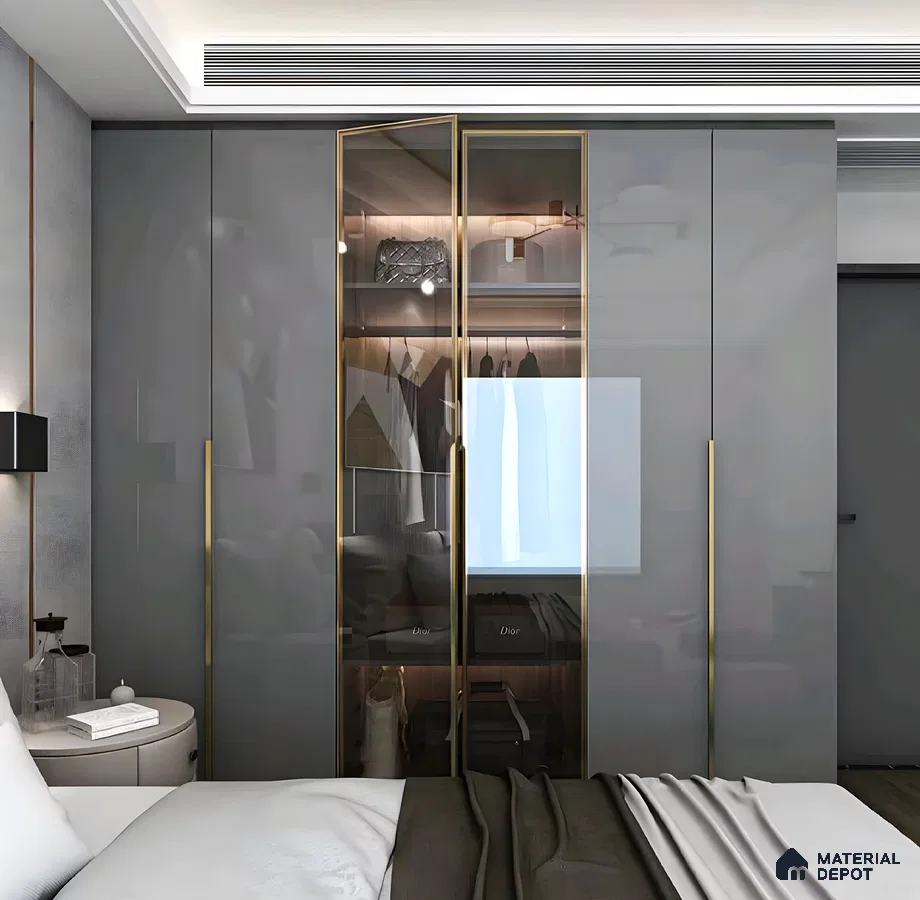 Elegant Gray Wardrobe with Glass Doors and Gold Accents | Material Depot
