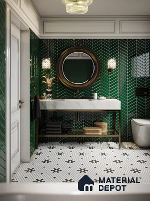 Elegant Green Herringbone Bathroom | Material Depot