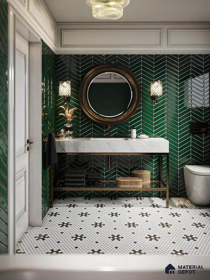 Elegant Green Herringbone Bathroom | Material Depot