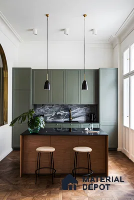 Elegant Green Kitchen with Marble Backsplash | Material Depot