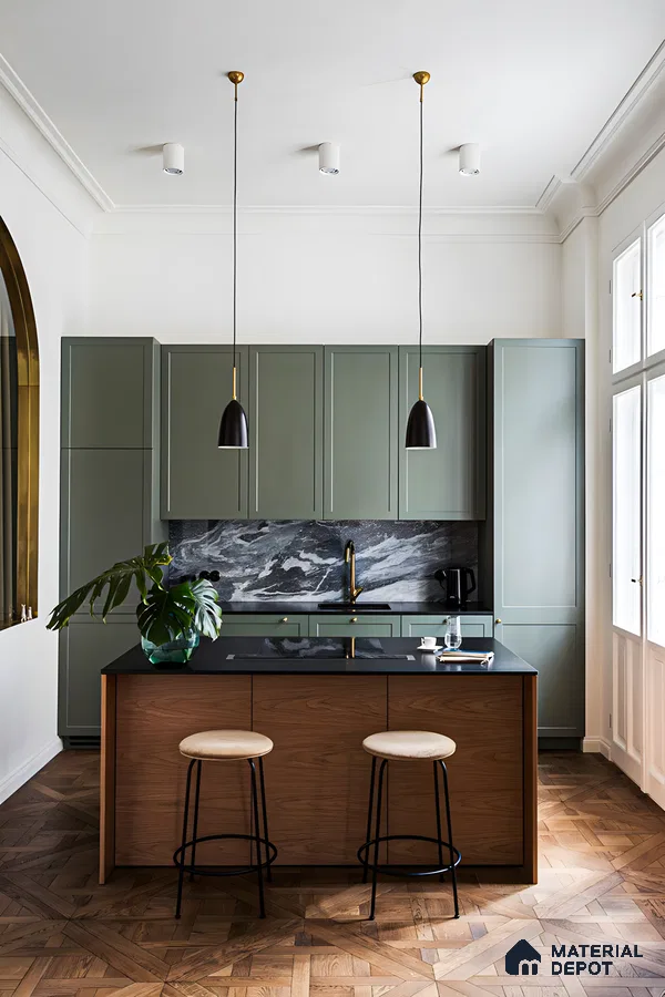 Elegant Green Kitchen with Marble Backsplash | Material Depot
