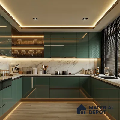 Elegant Green Kitchen with Marble Countertops and Warm Wooden Accents | Material Depot