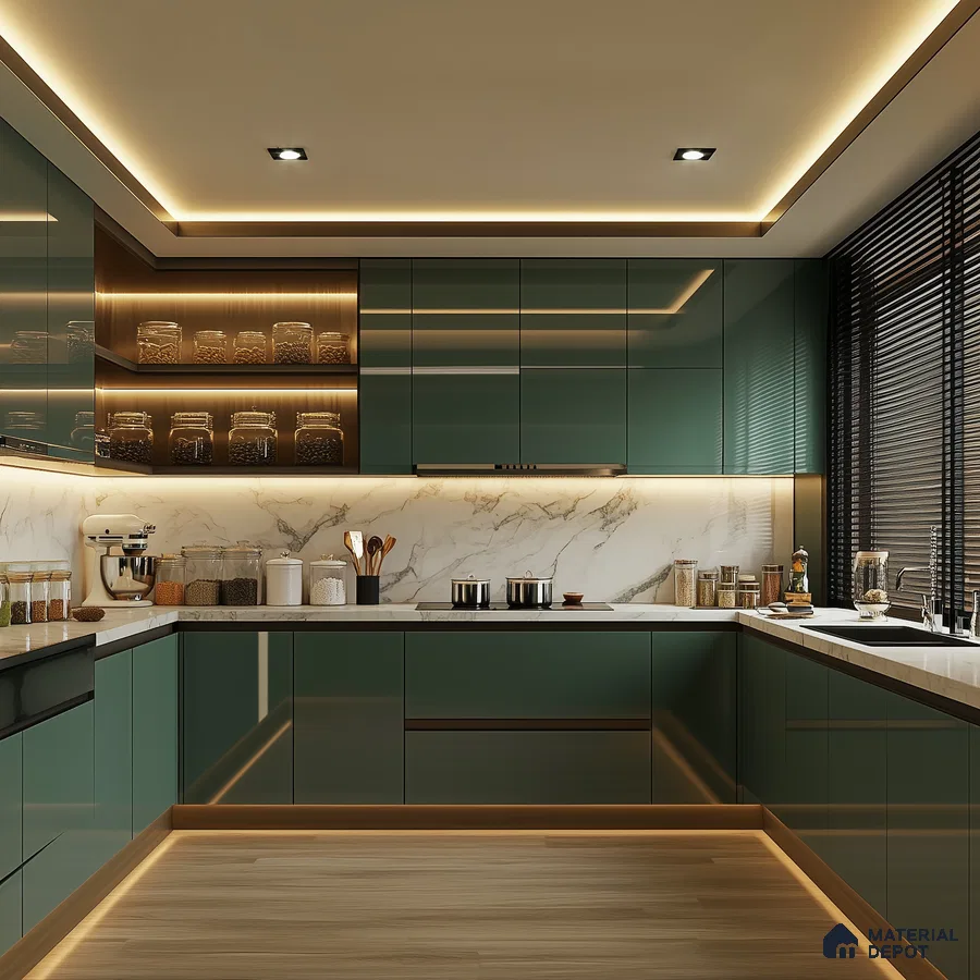 Elegant Green Kitchen with Marble Countertops and Warm Wooden Accents | Material Depot