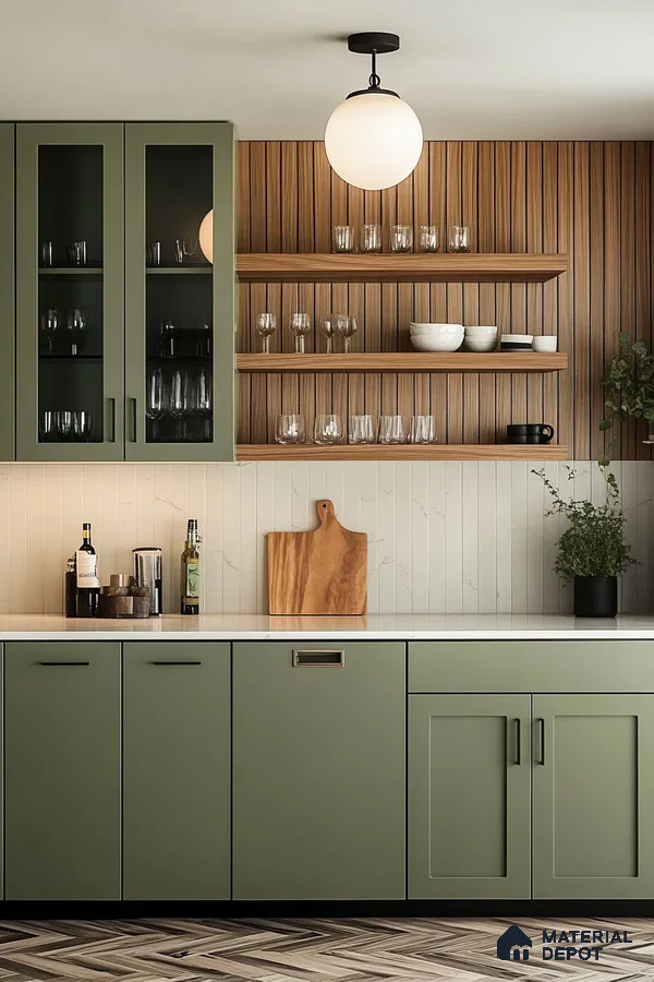 Elegant Green Kitchen with Natural Wood Accents and Modern Fixtures | Material Depot