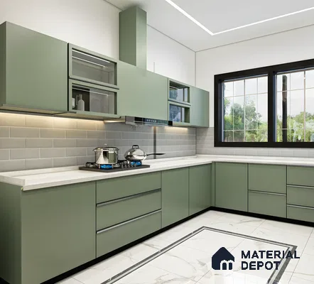 Elegant Green Laminate With Grey Subway Tiles | Material Depot