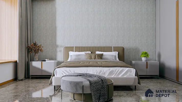 Elegant Grey Bedroom with Fluted Panels and Glossy Marble Flooring | Material Depot
