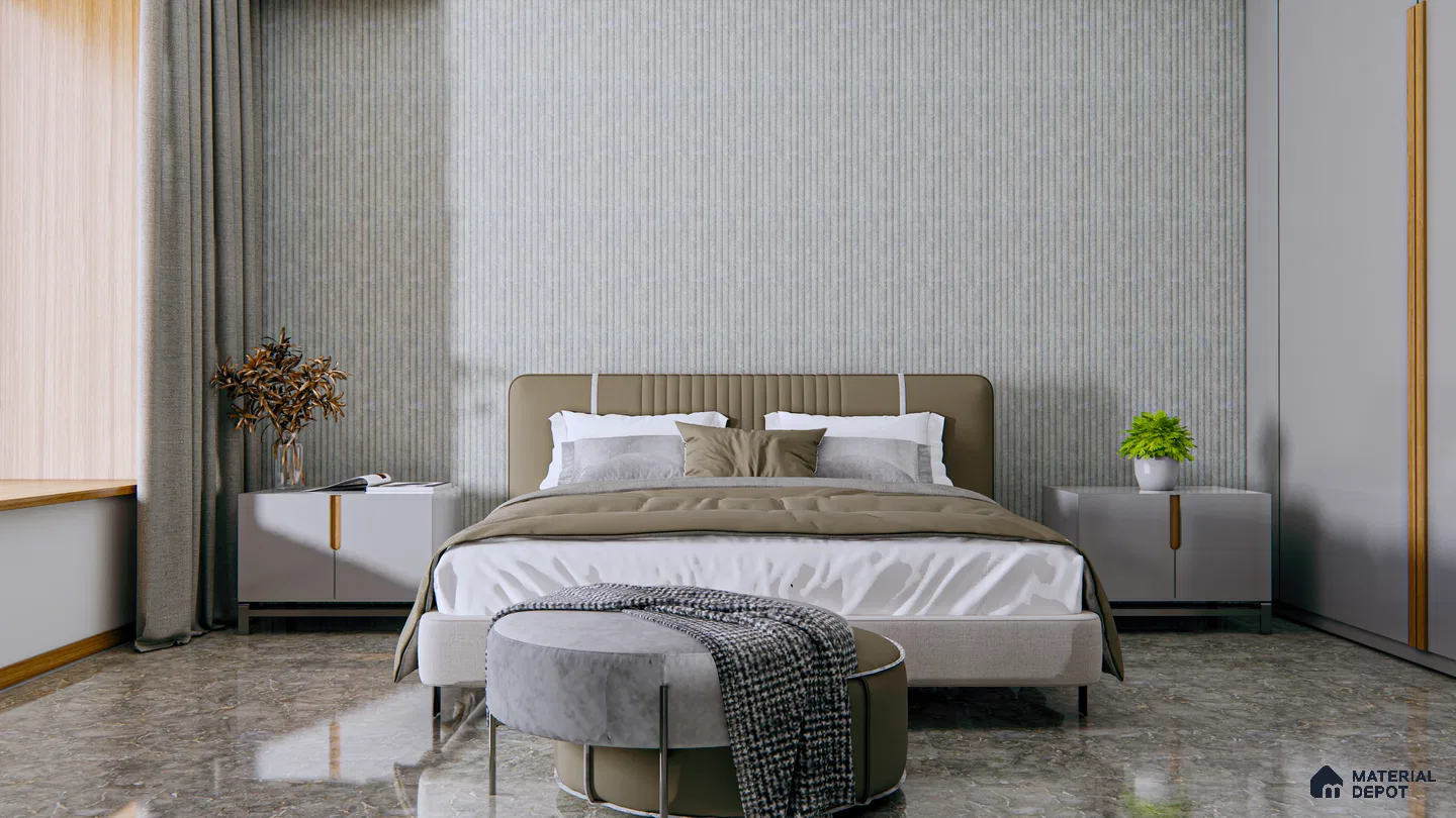 Elegant Grey Bedroom with Fluted Panels and Glossy Marble Flooring | Material Depot