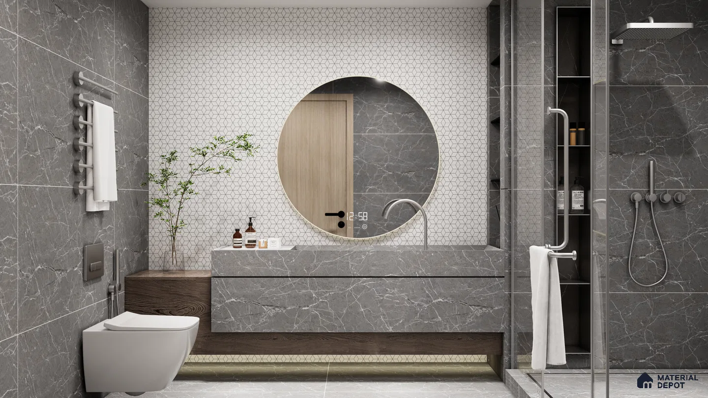 Elegant Grey Marble Bathroom with Geometric Feature Wall | Material Depot