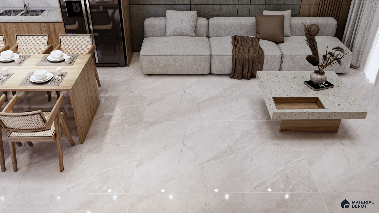 Elegant Grey-Toned Living & Dining with Soft Stone Look Flooring | Material Depot