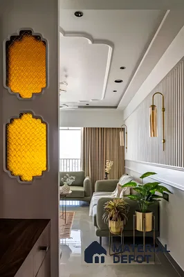 Elegant Hallway with Honeycomb Accent Mirrors and Soft Green Lounge Area | Material Depot