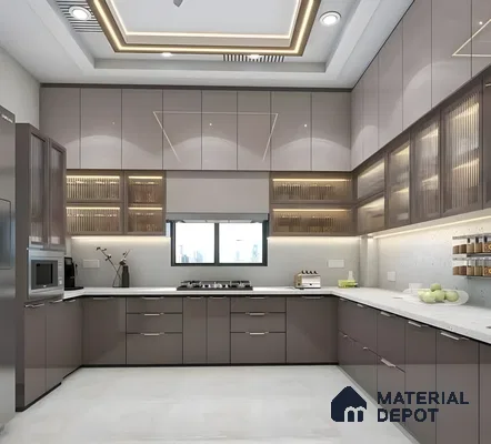 Elegant Harmony: Dual-Tone Acrylic Kitchen With Glass Fluted Cabinets And Backlit Highlights | Material Depot