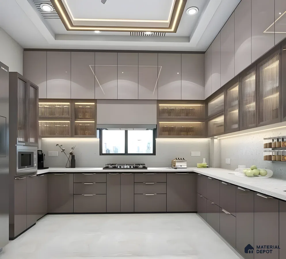 Elegant Harmony: Dual-Tone Acrylic Kitchen With Glass Fluted Cabinets And Backlit Highlights | Material Depot
