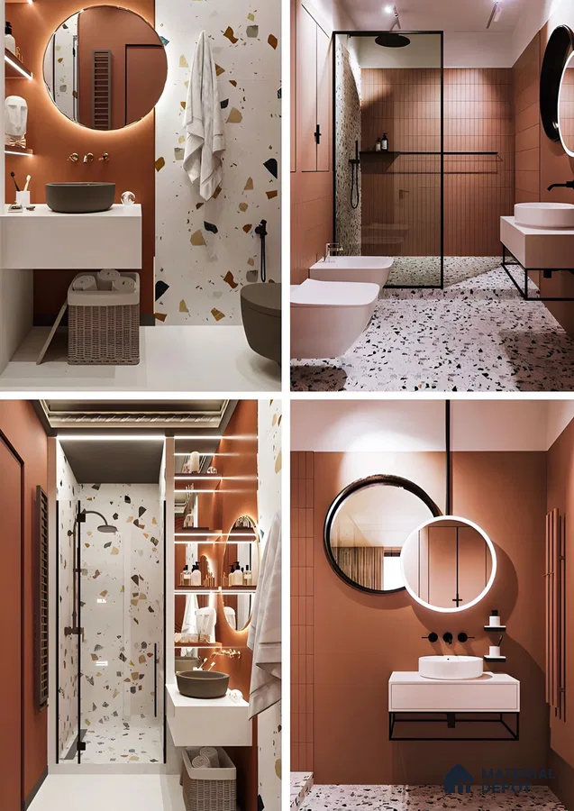 Elegant Harmony of Coral and Neutral Tones in Diverse Bathroom Styles | Material Depot