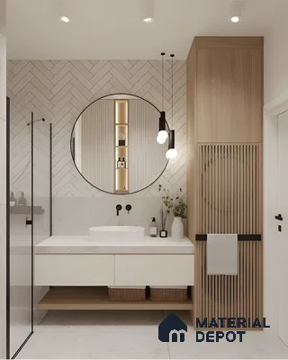 Elegant Japandi Bathroom With Slatted Wood Storage And Round Mirror | Material Depot