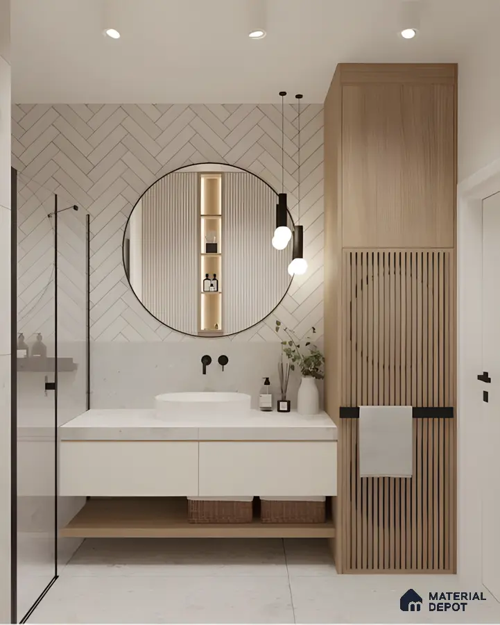 Elegant Japandi Bathroom With Slatted Wood Storage And Round Mirror | Material Depot