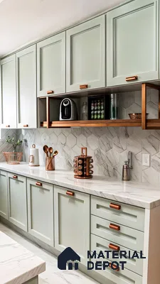 Elegant Kitchen Design Featuring Mint Green Cabinets, Marble Countertops, and Stylish Copper Accents | Material Depot
