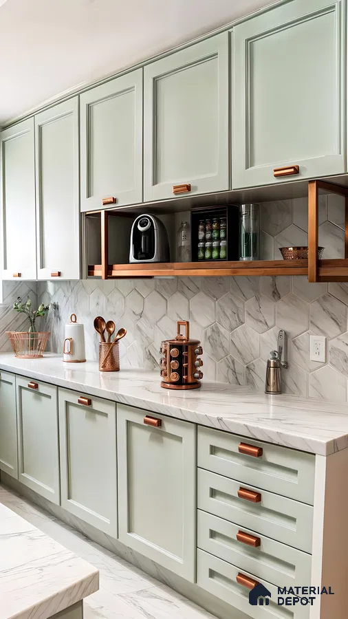 Elegant Kitchen Design Featuring Mint Green Cabinets, Marble Countertops, and Stylish Copper Accents | Material Depot
