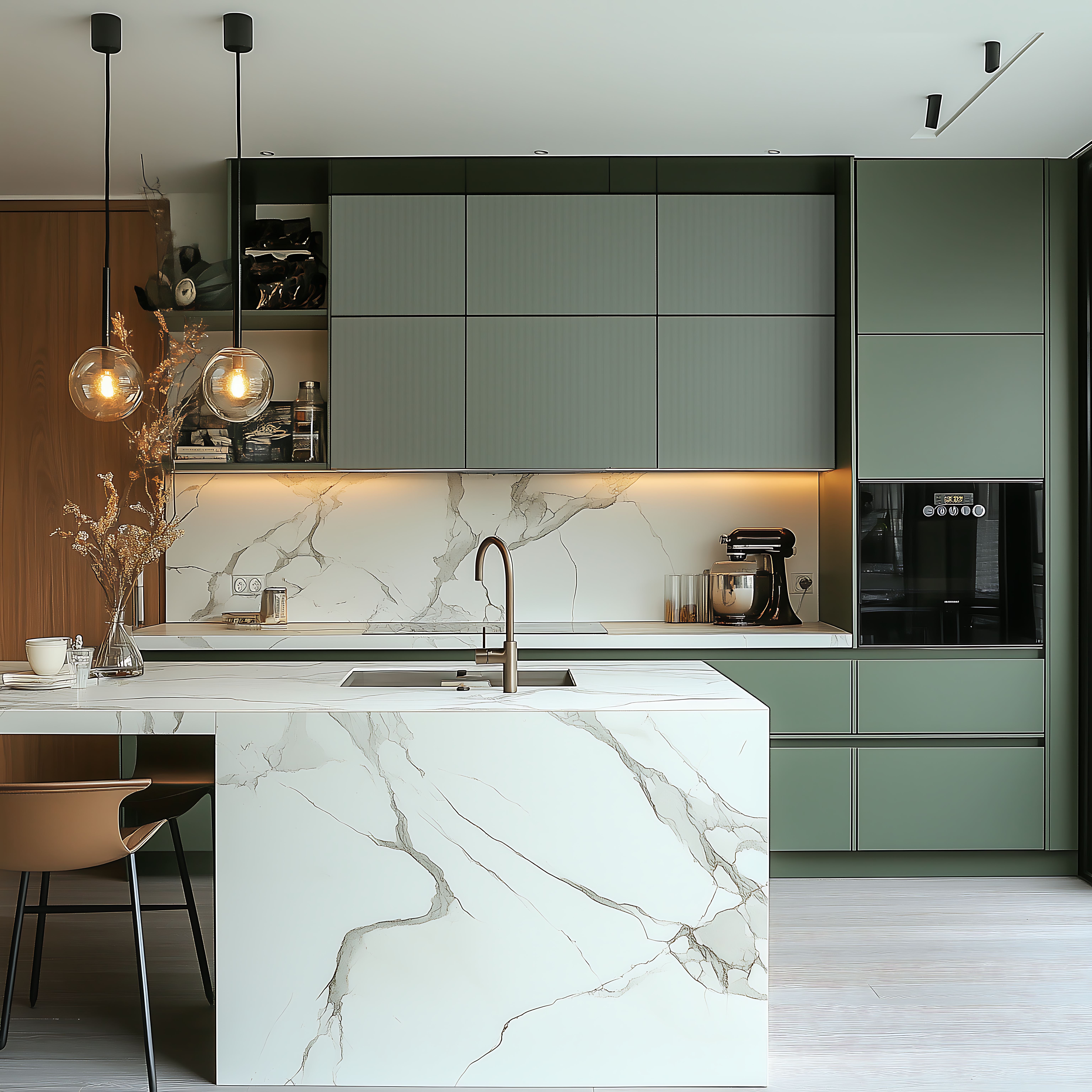 Elegant Kitchen with Green Cabinets and White Marble Countertop | Material Depot