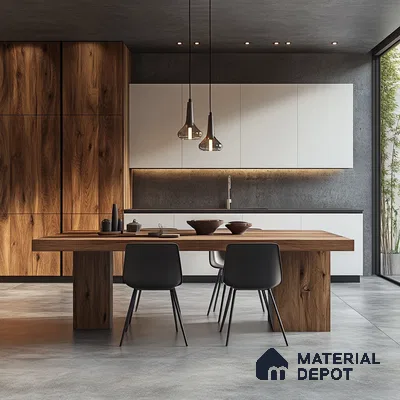 Elegant Kitchen Oasis with Natural Wood Features and Subtle Designer Lighting | Material Depot