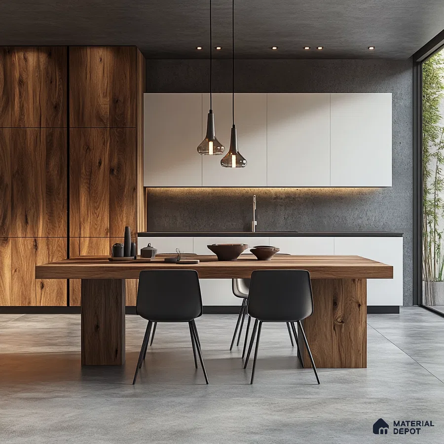 Elegant Kitchen Oasis with Natural Wood Features and Subtle Designer Lighting | Material Depot