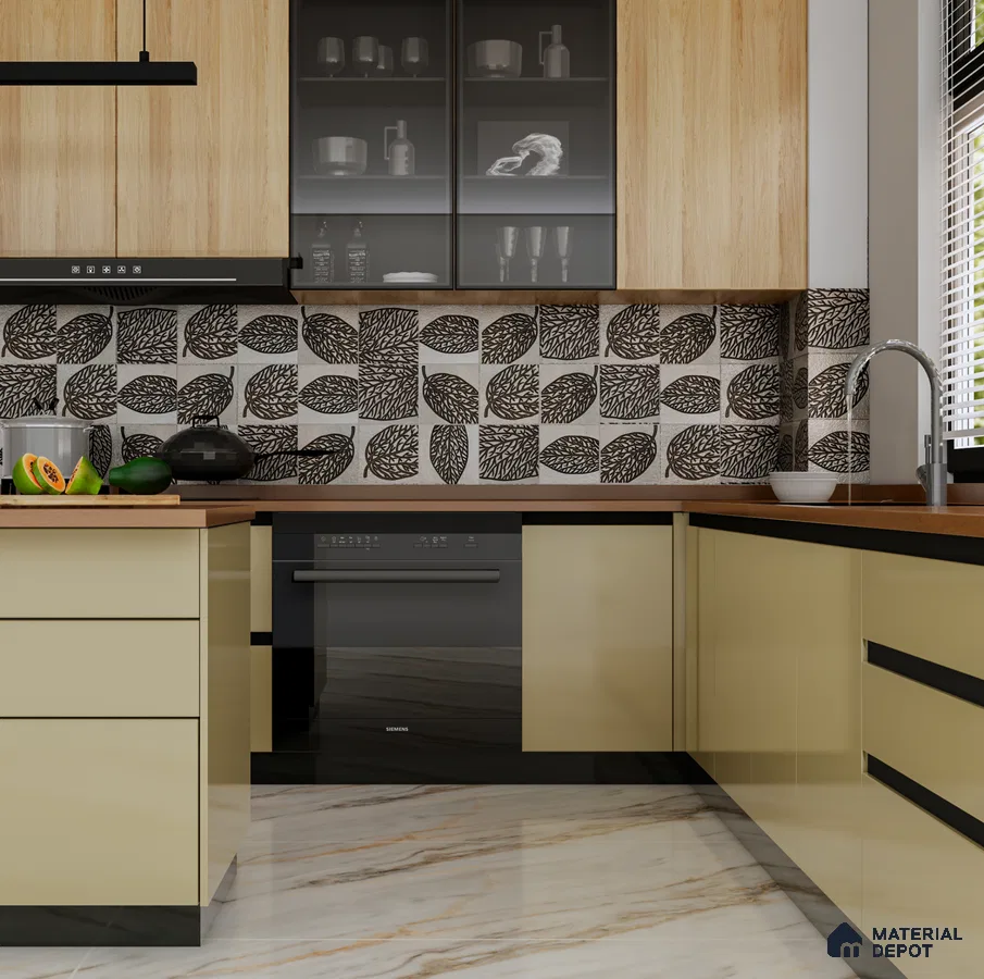 Elegant Kitchen with Beige Cabinets and Leaf Patterned Backsplash | Material Depot