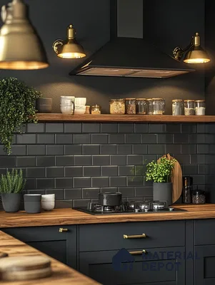 Elegant Kitchen with Dark Cabinets and Vibrant Wood Elements | Material Depot
