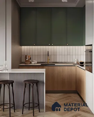 Elegant Kitchen With Fluted Panel Bar And Green Cabinets | Material Depot