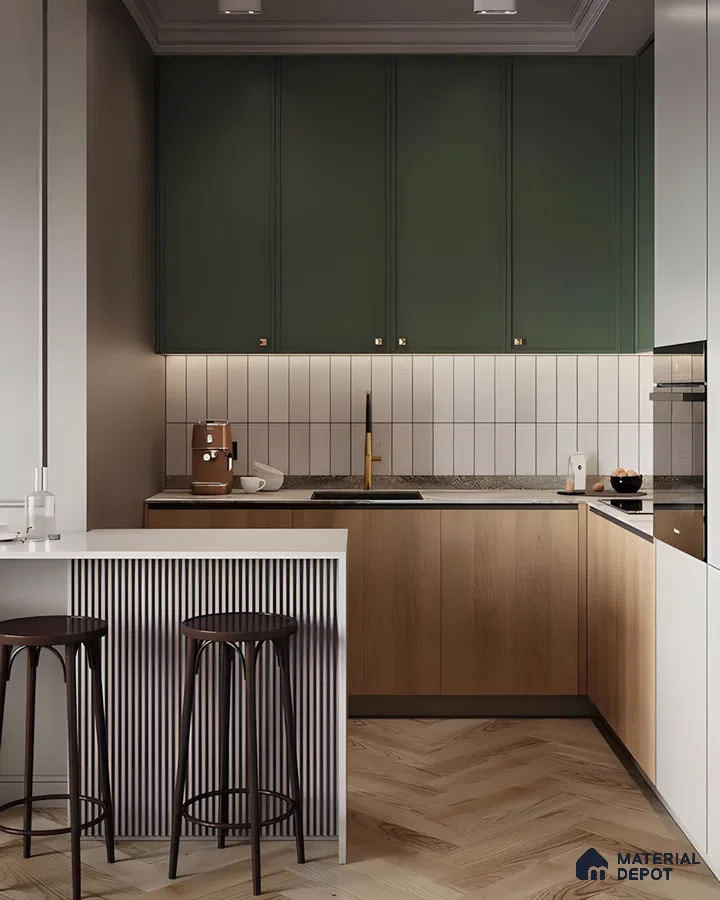 Elegant Kitchen With Fluted Panel Bar And Green Cabinets | Material Depot