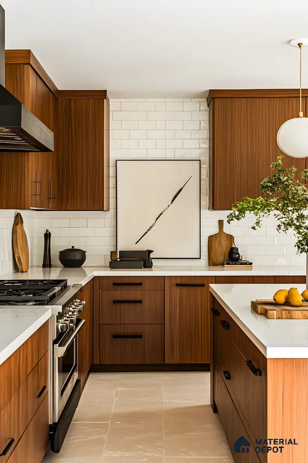 Elegant Kitchen With Glossy White Tiles | Material Depot