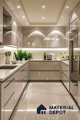 Elegant Kitchen With Glossy White Tiles | Material Depot