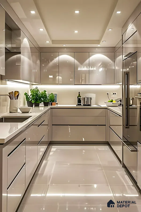 Elegant Kitchen With Glossy White Tiles | Material Depot
