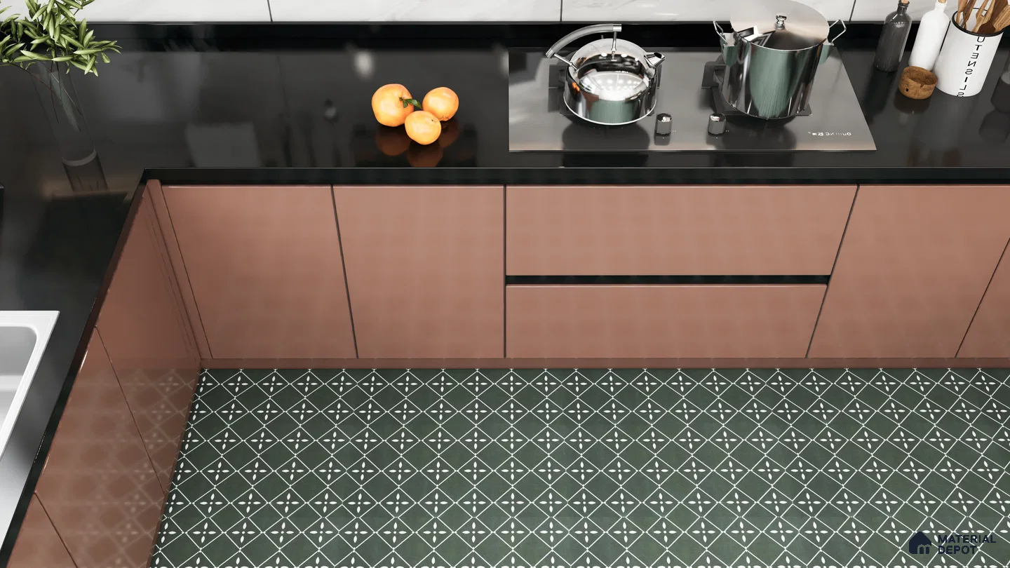 Elegant Kitchen with Green Diamond Patterned Floor Tiles | Material Depot