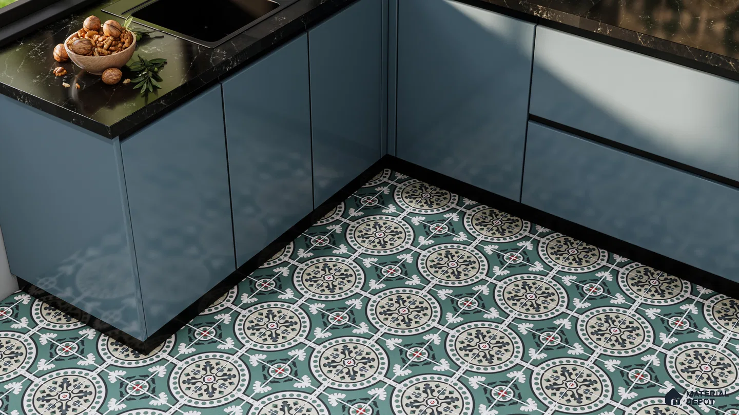 Elegant Kitchen with Green Moroccan Patterned Floor Tiles | Material Depot