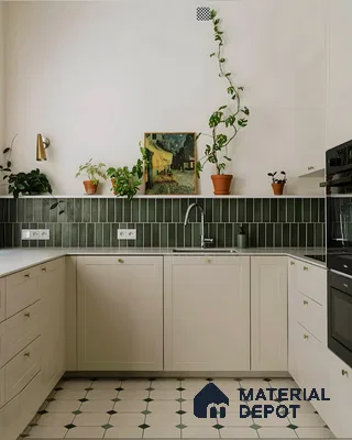 Elegant Kitchen with Green Subway Tiles and Patterned Flooring | Material Depot