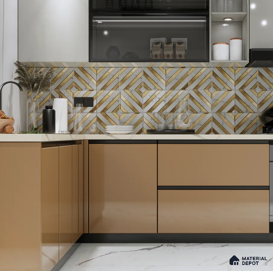Elegant Kitchen with Handcrafted Highlighter Tiles and Glossy Beige Cabinets | Material Depot