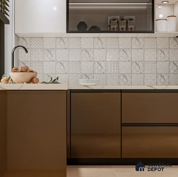 Subway Wall & Floor Handmade Tile TL 05861 B Curved Grid Frost Bloom 148 mm x 148 mm Vitrified - 9 mm | 4 Random Patterns | Suitable For Living Room, Bedroom, Kitchen