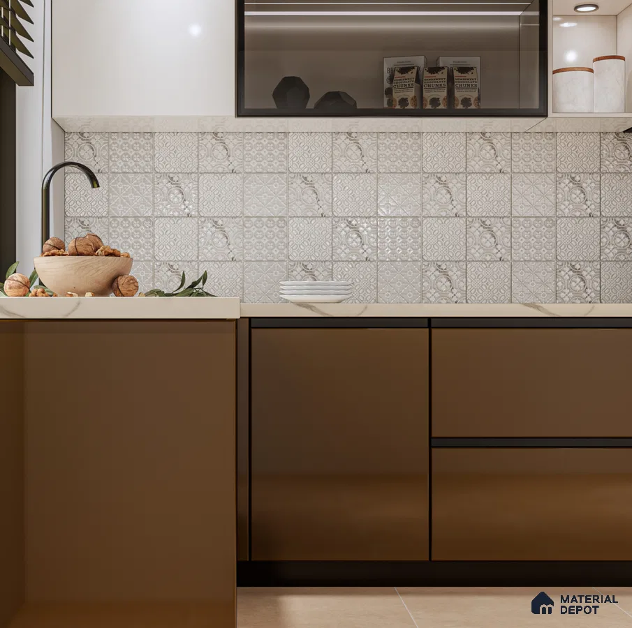 Elegant Kitchen with Handcrafted Highlighter Tiles and Warm Brown Cabinets | Material Depot