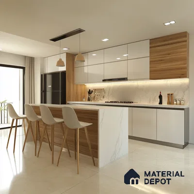 Elegant Kitchen with Marble Island, Warm Wooden Accents, and Bright Neutral Finishes | Material Depot