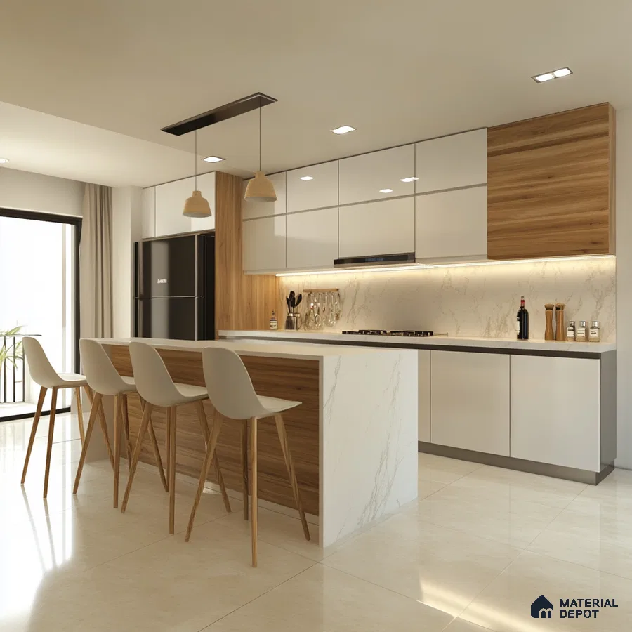 Elegant Kitchen with Marble Island, Warm Wooden Accents, and Bright Neutral Finishes | Material Depot