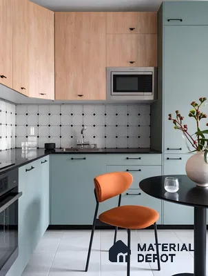 Elegant Kitchen With Mint Blue Cabinets And Wood Accents | Material Depot