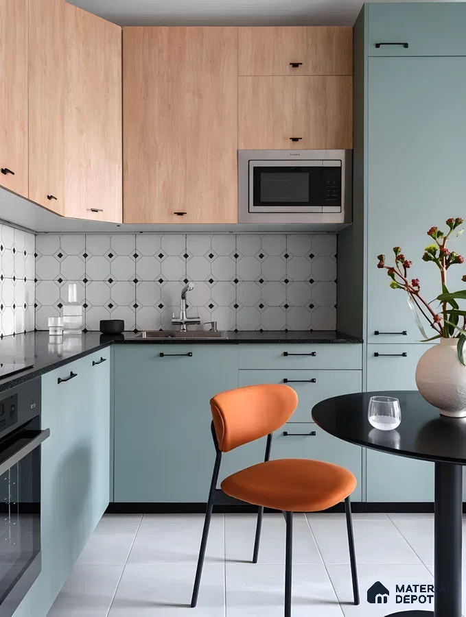 Elegant Kitchen With Mint Blue Cabinets And Wood Accents | Material Depot
